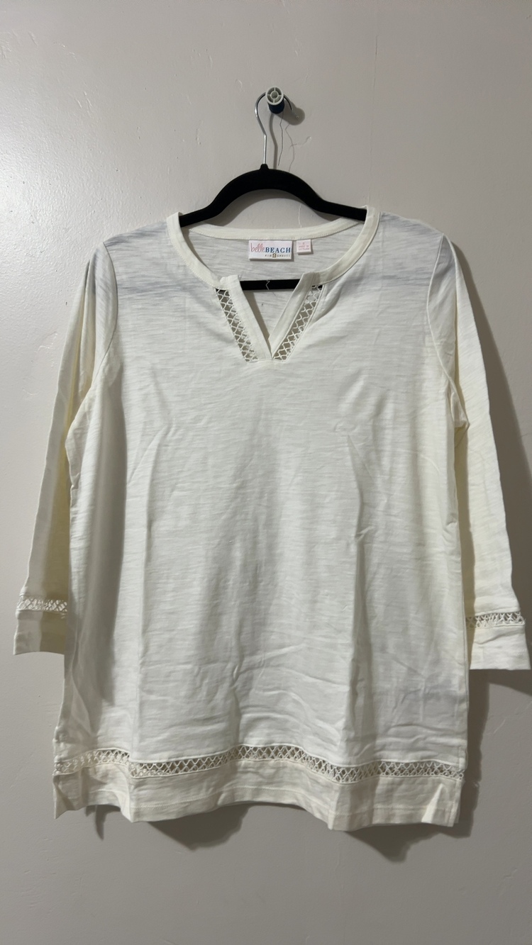 belle BEACH Kim Gravel Women's White Cotton Stretch Top Small Crochet Trim
